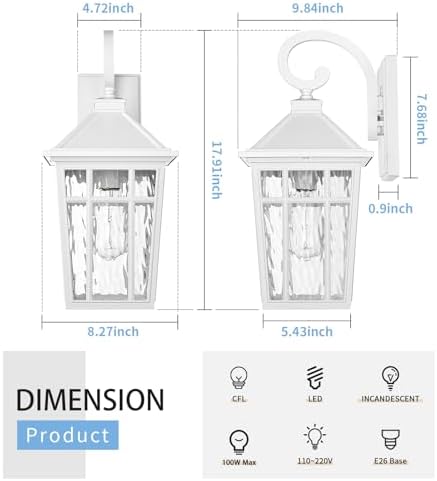 Darkaway Large Outdoor Wall Lights for House, 18inch Exterior Lighting Fixtures Wall Mount Outdoor Porch Lights Waterproof White Outside Sconce Lights with Water Ripple Glass for Patio Hallway Garage - Image 4