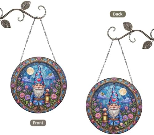 Gnome Holding Lantern Amidst Flowers and Moon Stained Glass Suncatcher 12in - Image 7