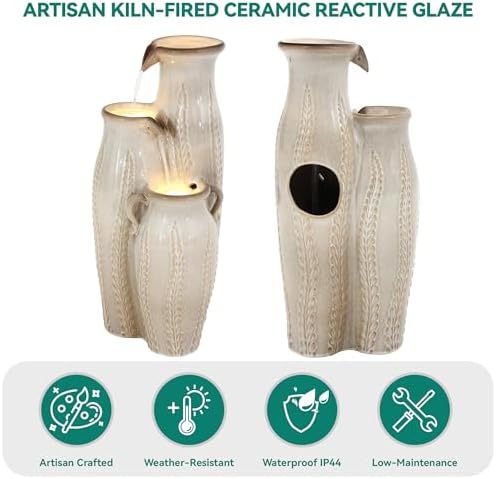 30" Ceramic Vase Water Fountain Outdoor with LED Lights, Cream Ivory - Image 6