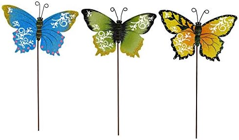 3 Pack Butterfly Garden Stakes Decor, 17" H Metal Butterflies Stakes Yard Art Ornaments for Indoor Outdoor Lawn Porch Pathway Patio Plant Pot Flower Bed Decor by KKILIPES