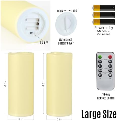 12" x 5" Ivory Large Waterproof Outdoor Flameless Candles Battery Operated LED Flickering Pillar Candles with Remote and Timer for Indoor Outdoor Lanterns, Long Lasting, Set of 2 - Image 5