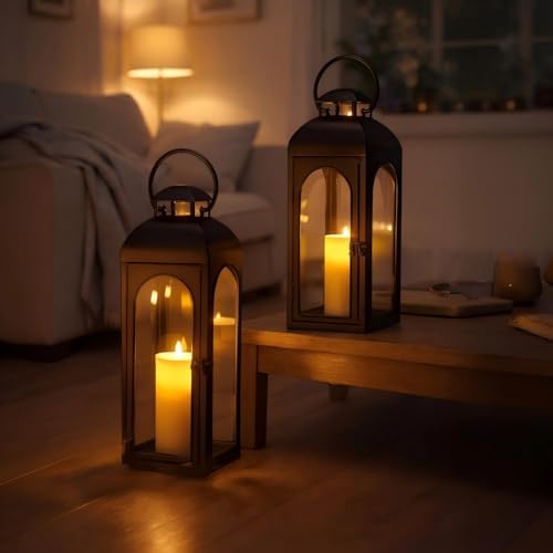 Bdor 20 Inch Outdoor Indoor Lantern, Set of 2 Black Metal Candle Lanterns - Image 2