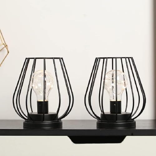 TRIROCKS Set of 12 Metal Battery Operated Lamp 7'' Tall mini Cage Shape Cordless Table Lamp Battery Lanterns with Warm Fairy Lights Bulb for Patio Garden Wedding Parties Indoor Outdoor(Black) - Image 7