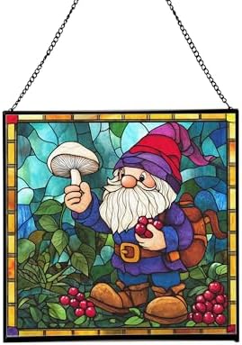 Gnome with Berry Dyes Stained Glass Suncatcher – Square Hanging Window Panel for Home, Garden, Nursery, Halloween, Christmas, Memorial Day – Whimsical Glass Art Gift for Gnome Lovers r1sbo0 by Custom