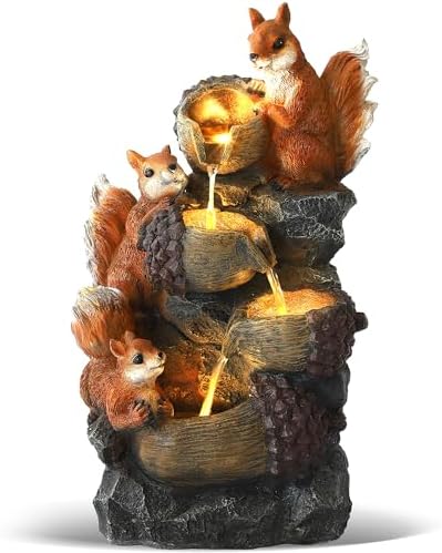 Grepatio Outdoor 4-Tiers Cascading Water Fountain, Waterfall Fountain with 4 LED Lights, Outdoor Fountains and Waterfalls for Garden or Patio, Yard, Deck, Decor with 3 Squirrel Look by Takesyoutohaveawonderfullife