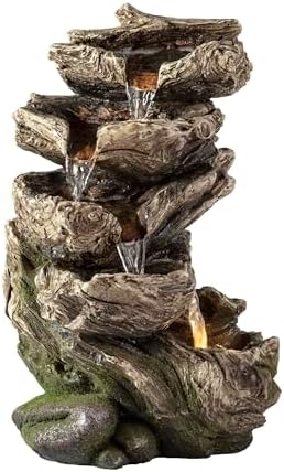 Alpine Corporation WIN1180 11" Indoor Tabletop Waterfall Fountain with LED Lights, 5 Tier Rainforest Garden Fountain, Brown by Unknown