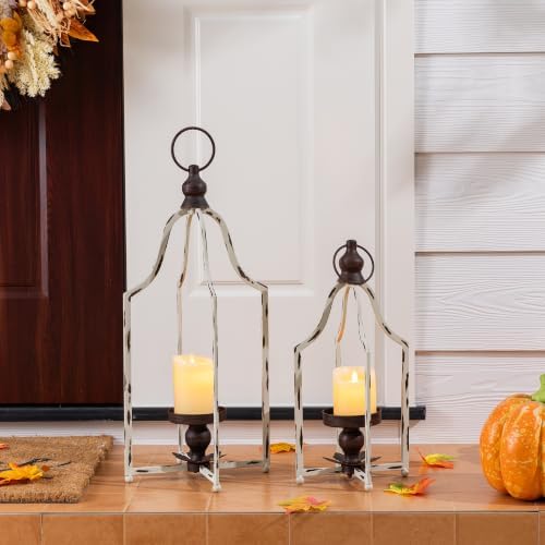 Glitzhome Set of 2 Modern Farmhouse Outdoor Lantern Decor- Metal Candle Lanterns for Christmas- Decorative Lanterns for Living Room,Home,Indoor, Outdoor,Table,Fireplace Mantle Decor White Small&Large - Image 5
