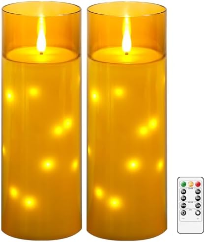 kakoya 11" x 4" Large Outdoor Waterproof Flameless LED Candles with Remote and Timer,Acrylic Pillar Candles Battery Operated with Embedded Star String for Porch,Patio,Outdoor Decor,Set of 2(Gold) by FLAMELESSCANDLES