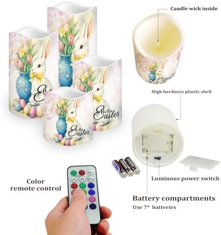 Rabbit Tulip Candles Flameless Candles with Remote and Timer LED Pillar Candles Set of 4 Candles Battery Operated Electric Fake Candles for Home Easter Decor - Image 3