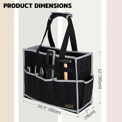 Tool Bag,Tool Pouch with 6 Pockets,Heavy Duty Waxed Canvas Garden Tool Bag Tool Case,16.5 x 7 x 12 Inch & Black - Image 2