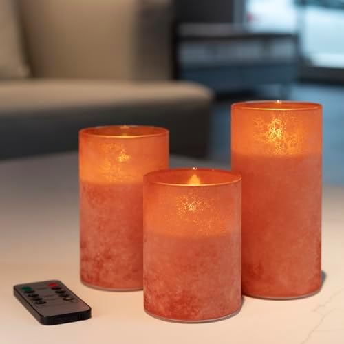 Flameless Candles Set of 3 Orange Glass LED Pillar Candle with Remote Timer - Image 4
