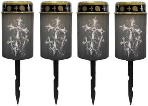 Poceacles Solar Powered Outdoor Lights Cemetery Solar Memorial Lights Outdoor Waterproof Landscape Candles for Yard Patio Lawn Home Decor, Cross Print Black, Set of 4 by Poceacles