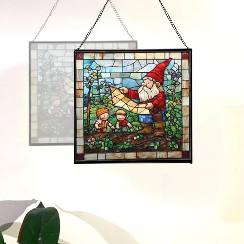 Gnome with Garden Planning Stained Glass Suncatcher – Square Hanging Window Panel for Home, Garden, Nursery, Halloween, Christmas, Memorial Day – Whimsical Glass Art Gift for Gnome Lovers 7ymrhw - Image 4