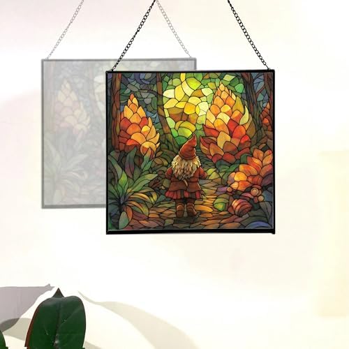 Gnome in Pinecone Forest Stained Glass Suncatcher – Square Hanging Window Panel for Home or Greenhouse – Whimsical Glass Art Gift for Garden Lovers, Christmas, Halloween, Father Days 0j5Gb5 - Image 4