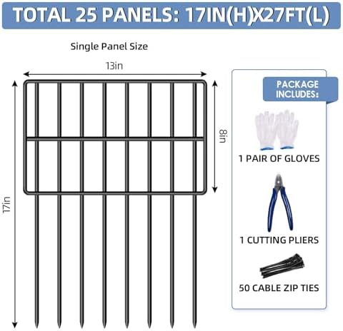 25 Pack Garden Animal Barrier Fence, 17in(H) x27ft(L) No Dig Decorative Fences, 1.5in Spike Spacing Rustproof Metal Garden Fence Border for Dogs Rabbits, Bottom Blocker for Outdoor Yard Patio - Image 4