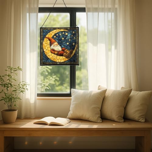 Crescent Moon Gnome Stained Glass Suncatcher – Square Hanging Window Panel for Home or Greenhouse – Whimsical Glass Art Gift for Garden Lovers, Christmas, Halloween, Father Days OF6pkY - Image 7