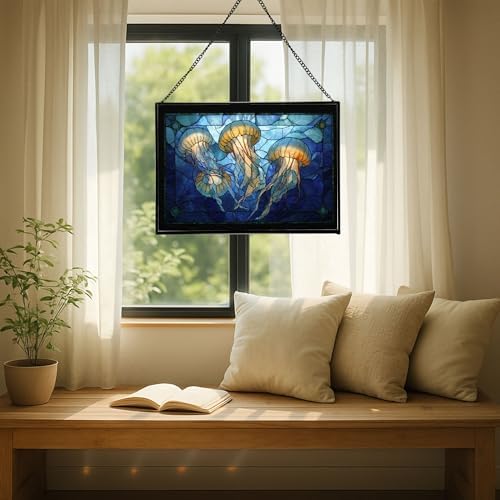 Jellyfish Floating in Moonlit Waters Rectangular Stained Glass Suncatcher – Hanging Window Panel with Animal & Nature Scene – Vibrant Glass Art Gift for Wildlife, Fantasy, Nature Lovers C8fTo1 - Image 7