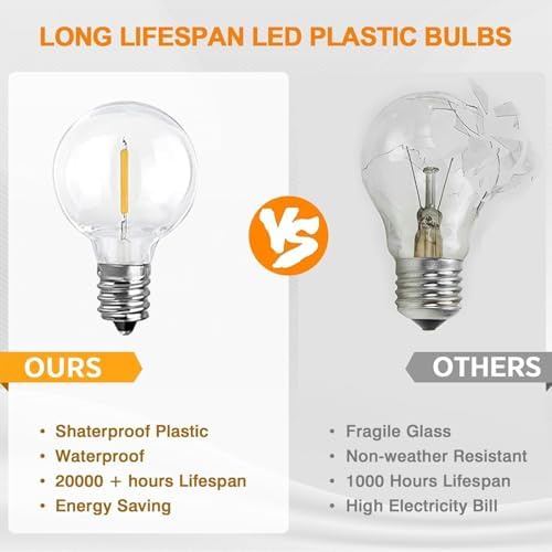 Solar Outdoor String Patio Bistro Lights, 25ft 27LED 3W G40 Bulbs, USB Rechargeable Portable Edison Café String Lights for Porch, Pergola, Backyard, Garden, Pool, Party, Camping (25 FT 27 LED, 1) - Image 4