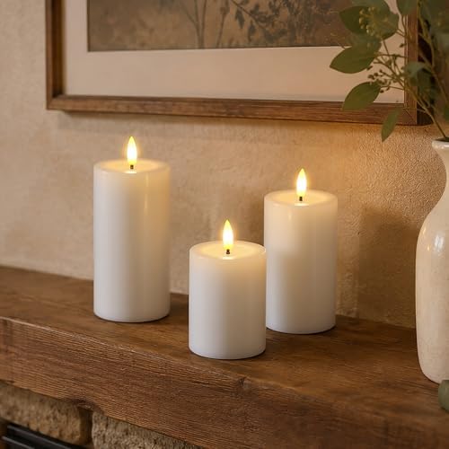 Yeelida Remote Flameless Flickering Pillar Candles with Candle Grease Effect,Pack of 3 White LED Battery Oprated 2/4/6/8 Hours Timer Real Wax Electric Candles(3x4,5,6 Inches) - Image 5