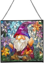 Gnome with Crystal Flowers Stained Glass Suncatcher – Square Hanging Window Panel for Home or Greenhouse – Whimsical Glass Art Gift for Garden Lovers, Christmas, Halloween, Father Days L3qupH by Custom