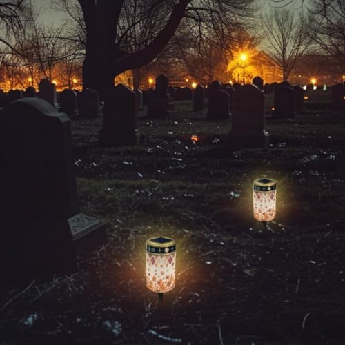 Poceacles Solar Powered Flameless Candle Cemetery Votive Candles Waterproof Outdoor Memorial Solar Stake Lights Home Outdoor Decoration, Fall Maple Leaf Pumpkin Print, Pack of 6 - Image 4