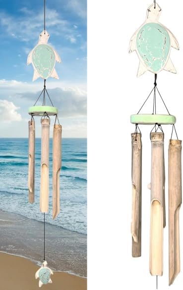 Rustic Sea Turtle Bamboo and Wood Windchimes – Outdoor Wind Chime – Distressed Finish – Whitewash & Teal Blue – Natural Beautiful Relaxing Sound by TopBrass