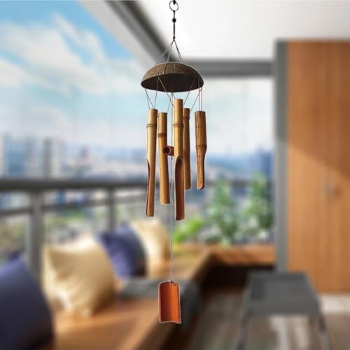 Coconut Shell Wind Chimes Outdoor for Garden Decoration Dark Colored 6 Tubes for Home(Khaki) - Image 4