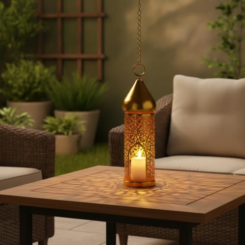 Hang or Display Moroccan-Style Metal Lantern with Gold Finish for Ambient Candle Lighting - Image 2