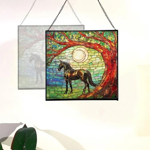 Black Horse Standing Beneath Ancient Tree Square Suncatcher – Stained Glass Style Window Panel with Pastoral Scene, Custom Decorative Hanging Art for Equestrian Home, Christmas 9bLq9E - Image 4