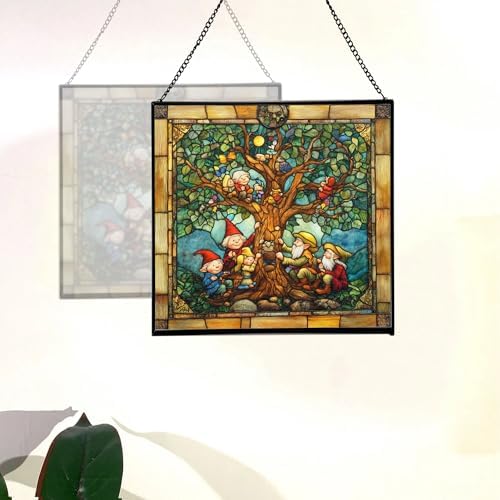 Gnome with Family Tree Stained Glass Suncatcher – Square Hanging Window Panel for Home, Garden, Nursery, Halloween, Christmas, Memorial Day – Whimsical Glass Art Gift for Gnome Lovers 1cp3fp - Image 4