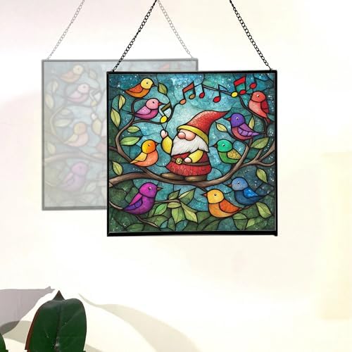 Gnome with Singing Birds Stained Glass Suncatcher – Square Hanging Window Panel for Home or Greenhouse – Whimsical Glass Art Gift for Garden Lovers, Christmas, Halloween, Father Days HJXeXZ - Image 4