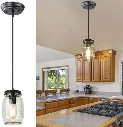 Glass Mason Jar Light Fixtures, 1-Light Kitchen Island Lighting, Farmhouse Pendant Lights Kitchen Island, Adjustable Black Hanging Lights for Kitchen Over Sink Dining Room by TinHon