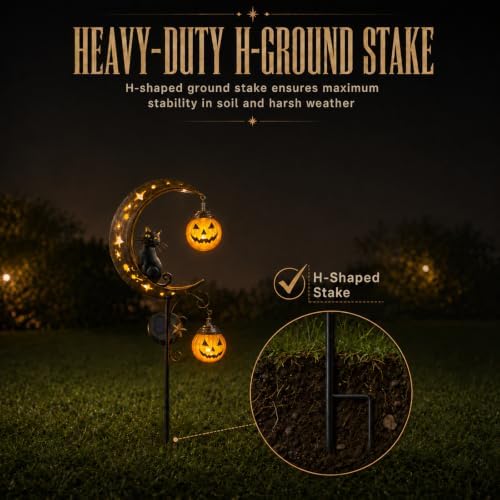 2 Pack Solar Halloween Pumpkin Moon Black Cat Garden Stake Lights Outdoor - Image 6