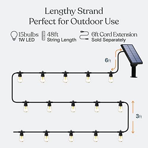 Brightech Ambience Pro Solar Powered Outdoor String Lights, 48 ft Commercial Grade Waterproof Patio Lights, 15 Edison Bulbs, Shatterproof LED String Lights for Outside, Porch - 1W Warm White - Image 3