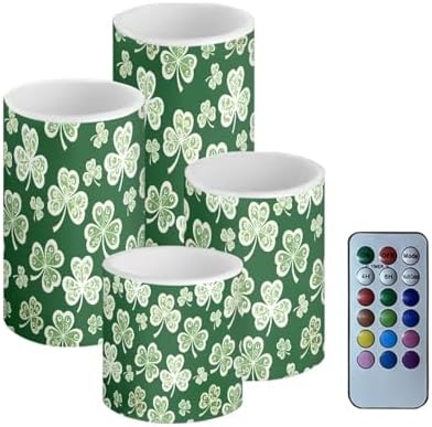 4 Pack Battery Operated Candles with Timers Stylish Shamrocks Flameless Candles with Remote St Patrick's Day Porch LED Lights Lanterns for Holiday Home Decorations by Merkmak