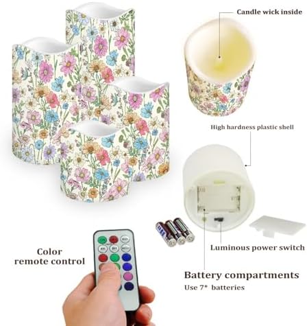 Pink Blue Floral Electric Fake Candles Battery Operated with Remote Timer Flickering Flameless Candles Set of 4 LED Pillar Battery Powered Candles for Home Decor Outdoor Festival Decor - Image 3