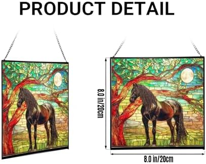 Black Horse Standing Beneath Ancient Tree Square Suncatcher – Stained Glass Style Window Panel with Pastoral Scene, Custom Decorative Hanging Art for Equestrian Home, Christmas vR93jU - Image 2