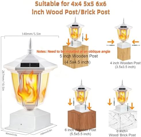 Dynaming 6 Pack Solar Flame Post Lights Outdoor, Solar Powered Lamps Fence Post Cap Lights, Flickering Flame LED Lantern Waterproof for Garden Deck Patio, Fit 4x4, 5x5 6x6 Wooden Posts, White Shell - Image 2
