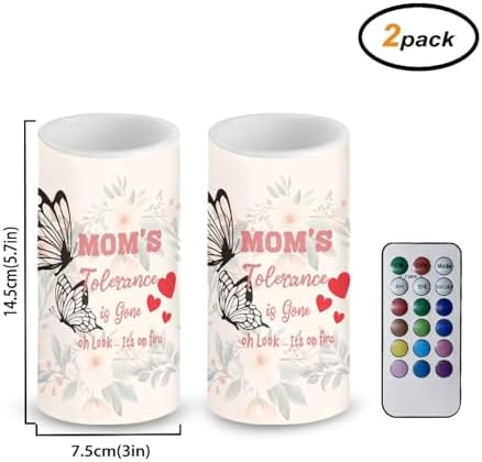 Mother's Day Gifts Flameless Candles Set of 2 Battery Powered Pillar Candles with Timer Remote Butterfly Mom's Tolerance is Gone Funny Print - Image 2