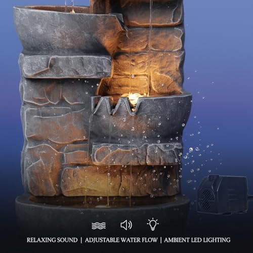 Teamson Home 33.25 in. Cascading Bowls and Stacked Stones LED Outdoor Water Fountain for Gardens, Landscaping, Patios, Balconies, and Lawns for a Calming Oasis in Outdoor Living Spaces, Stone Gray - Image 3