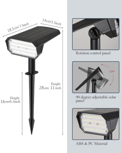 62 LED Solar Spotlights Outdoor Waterproof IP65, 3 Color 3000K/4500K/6500K & 2 Brightness, Auto-Brightness Adjustment, Solar Spot Lights Outdoor, Solar Garden Lights, 2000mAh Battery - 2 Pack - Image 2