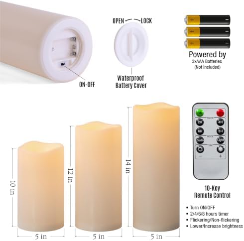 10" 12" 14" x 5" Extra Large Waterproof Outdoor Flameless Candles Battery Operated LED Pillar Candles for Indoor Outdoor Lanterns, Off White, Long Lasting, Set of 3 - Image 6