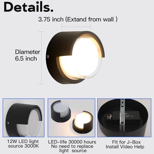 R‑YY‑BD‑012‑3K Outdoor Wall Sconce, Round Aluminum Wall Light, 3000K Warm Light - Image 3