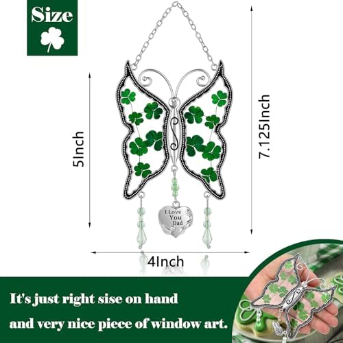 KY&BOSAM St Patrick's Day Shamrock Butterfly Suncatchers I Love You Dad Gifts Ornament Glass Irish for Windows Hanging Wind Chiem with Real Flower Wings Brithday Gifts for Dad Father`s Day Christmas - Image 5