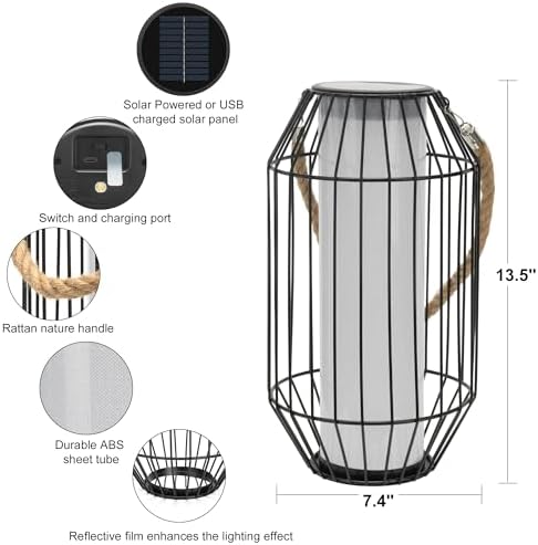 pearlstar Solar Lanterns Outdoor Waterproof Dual Charging (USB/Solar) Hanging Lantern Large Metal Floor Lamp for Patio Table Outside Porch Yard Garden Pool Decor - Image 6