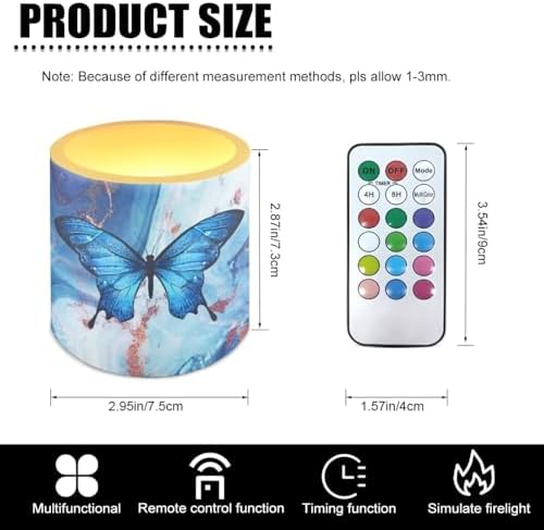 4 Pcs Flameless Votive Candles Battery Operated LED Pillar Candle Tealights Long Lasting with Remote Timer for Indoor Outdoor Coastal Home Decor Butterfly Marble Texture Blue - Image 7