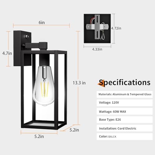 13'' Dusk to Dawn Outdoor Porch Lighting Fixtures Wall Mount, Sensor Exterior Wall Light for House, Ouside Lantern Lamp, Waterproof Wall Sconce Lights, Black Metal Coach Light for Garage Entryway - Image 6