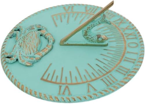 Brass 10" Dia Vintage Sun Dial Verdigris Finish Garden or Lawn Clock Beach Theme Fish Dial and Crab Plaque Patio Outdoor Compass Sundials for Yards - Image 3