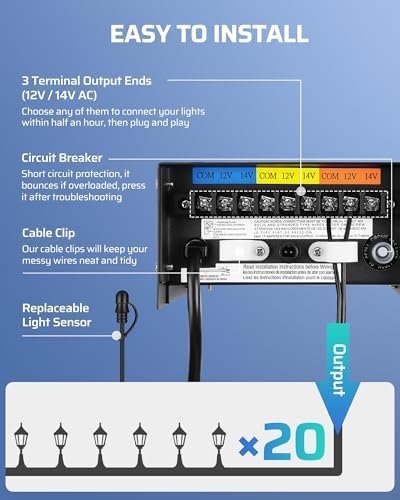 DEWENWILS 200W Low Voltage Transformer with 3 Independent Control Outputs, Landscape Transformer with Timer and Photocell Sensor, 120V AC to 12V/14V AC, Weatherproof, ETL Listed - Image 5