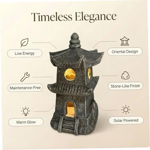 Resin Pagoda Japanese Stone Lantern Solar Outdoor Figurine Lights, Zen Garden Decor for Yard, Patio, Pathway, Landscape Lighting - Image 5